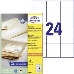 Zweckform LR3475 Recycling Universal-Etiketten, A4, 70 x 36 mm, 100 Bogen/2.400 Etiketten, naturweiß