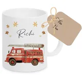 Manufaktur Liebevoll Tasse mit Namen Kinder Kindertasse mit Namen Becher Keramik Mädchen Junge Namenstasse Feuerwehr Fahrzeug Geschenk