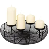 BURI Adventskranz Metallschale Schwarz Ø 36 cm | Moderner Adventskranz aus Drahtgeflecht mit 4 Kerzenhaltern | Adventskorb | Stilvolle Weihnachtsdeko inkl. 4 champagnerfarbene Stumpenkerzen