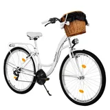 MILORD Damenfahrrad Citybike Komfort Mit Weidenkorb Hollandrad Fahrrad, 28 Zoll, 21-Gang, Weiß - Weiß