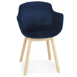 Armlehnstuhl aus Blauem Samt mit Holzbeinen | Eleganter Polsterstuhl FRIDA mit Ergonomischer Rückenlehne | Vintage Stil | Kadima Design