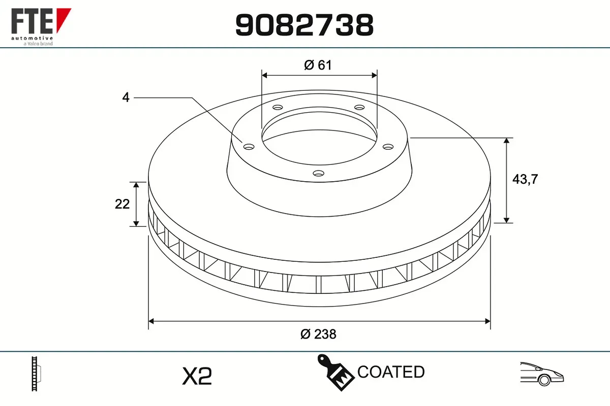 FTE Bremsscheibe 9082738 Vorderachse belüftet 238mm 22mm für NISSAN