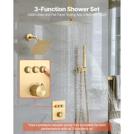 Vevor Duschsystem-Set mit 12 Zoll Regenduschsystem / 6 Zoll Wandmontagekopf / 2 in 1 Handbrause, drehbarer Doppelregenkopf (3 Funktionen), Messingventil und Verkleidungssatz, gebürstetem Gold