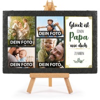 PR Print Royal Schieferplatte selbst gestalten - mit 4 Fotos Bedrucken - Glück ist einen Papa wie Dich zu haben - Geschenk Vatertag, Geburtstag, Weihnachten, Schiefertafel mit Staffelei, 20 x 30 cm
