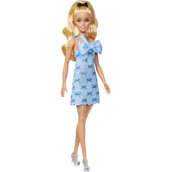 Barbie Fashionistas-Puppe Nr. 237 in blauem Neckholderkleid mit Schleife, blondem Haar, das zu einem Zopf gebunden ist