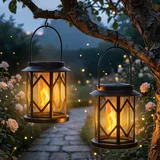 Dehobo Solarlampen für Außen Hängend 2 Stück - Solar Flammen Laterne Warmweiß - Solarleuchten Metall IP65 Wasserdicht -Solar Laternen für Draußen Gartendeko Balkon Deko Terassendeko Halloween