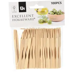 Excellent Houseware Einweg-Obstgabel aus Bambus. kommerzielle Kuchengabel. Snackgabel für den Haushalt. Dessertgabel. Bambus-Obststäbchen. 9 cm. 100 Stück