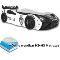 Aileenstore Autobett "Police" Spielbett für Kinder 90x200 inkl. Lattenrost und Ortho wendbar H2+H3 Matratze