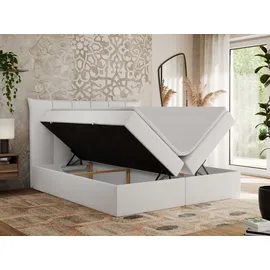 MKS Meble Boxspringbett 140x200 mit Bettkasten und Matratze H4, Polsterbett 140x200 mit Bettkasten, Bett 140x200 mit Stauraum und Topper - Premium-... - Weiß