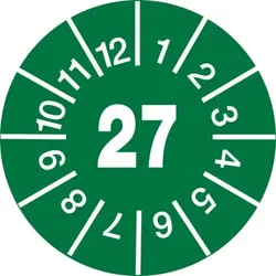 König Werbeanlagen Jahresprüfplaketten ab 27, Jahresfarben, Folie, Ø 10 - 30 mm - Bogen = 10 Plaketten - 15 mm Folie selbstklebend