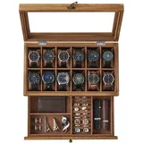 Songmics Uhrenbox für 12 Uhren Paulownia-Holz Walnuss