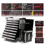 Mephisto Bundle Werkzeugwagen mit Werkzeugkoffer bestehend aus: Werkstattwagen Premium mit 9 Schubladen inklusive Werkzeug + Werkzeugtrolley gefüllt mit verschiedenem Werkzeug