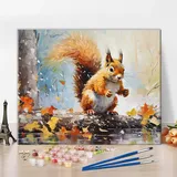 TISHIRON DIY Malen nach Zahlen Szenerie Malen nach Zahlen für Erwachsene, Eichhörnchen und Ahornblatt Malen nach Zahlen Kits auf Leinwand, Tiere Malen nach Zahlen für Wanddekoration, 40x50 CM