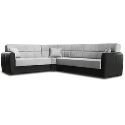 Dmora Schlafsofa Matias, Eckcontainer-Schlafsofa aus Kunstleder und Stoff, 305x238h91 cm, Schwarz und Hellgrau