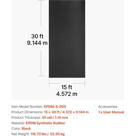 Vevor Dachbahn 4,572 x 9,144 m 1,14 mm EPDM Folie Schwarz