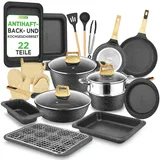 NutriChef Pfanne & Topfset Schwarz Marmor – 22-teiliges Antihaft-Kochgeschirr Marmoroptik Pfannenset mit Grillzange Küchenutensilien Backform und Ofenhandschuhen Induktion geeignet spülmaschinenfest