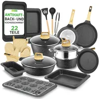 NutriChef Pfanne & Topfset Schwarz Marmor – 22-teiliges Antihaft-Kochgeschirr Marmoroptik Pfannenset mit Grillzange Küchenutensilien Backform und Ofenhandschuhen Induktion geeignet spülmaschinenfest