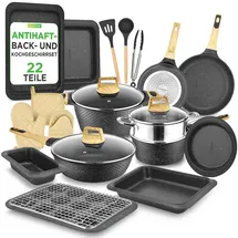 NutriChef Pfanne & Topfset Schwarz Marmor – 22-teiliges Antihaft-Kochgeschirr Marmoroptik Pfannenset mit Grillzange Küchenutensilien Backform und Ofenhandschuhen Induktion geeignet spülmaschinenfest