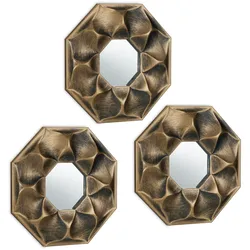 Relaxdays Spiegel 3er Set Blume, achteckiger Zierspiegel, Wohnzimmer, Flur, Dekospiegel, 25 cm, Kunststoff-Rahmen, gold