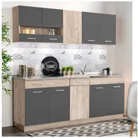 Homestyle4u 2357, Küche Küchenzeile Küchenblock Eiche Holz Grau Einbauküche Single Küchen Schränke 200 cm