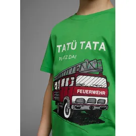 Kidsworld T-Shirt "Feuerwehr-Druck: PLATZ DA", Jungen, Gr. 104/110, grün, Single Jersey, Obermaterial: 100% Baumwolle, bedruckt, Basic, Shirts T-Shirt, Kurzarm, basic geschnitten, mit coolen Statements