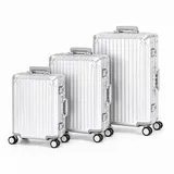 Travelhouse Kofferset 100% Aluminium TOKYO - verschiedene Farben, 4 Rollen, (3 tlg., S+M+L), Zipperless - Kein Reißverschluss, TSA Zahlenschloss, Nassfach silberfarben