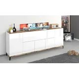 Dmora - Kommode Vittorio, Küchen-Sideboard mit 6 Türen, Wohnzimmer-Buffet, 100 % Made in Italy, 200 x 40 x 82 cm, glänzendes Weiß und Ahorn,