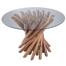 Casa Padrino Luxus Esstisch Naturfarben Ø 120 x H. 80 cm - Runder Bambus Küchentisch mit Glasplatte - Esszimmer Möbel - Bambus Möbel - Luxus Möbel - Luxus Esszimmer Einrichtung