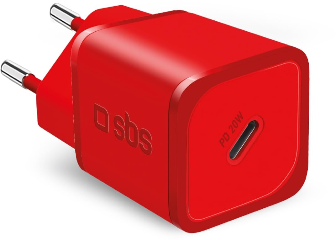 SBS Tragbares Ladegerät für Samsung, iPhone, Xiaomi, Oppo, 20W schnelles Gan Ladegerät für Smartphones und Tablets, schnelles und sicheres Power Delivery Ladegerät mit USB-C, rot
