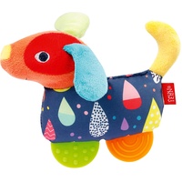 Fehn 055283 Greifling Hund mit Beißer COLOR Friends – Babyspielzeug mit Rassel, Quietsche und Soft-Beißer für Babys und Kleinkinder ab 0+ Monaten – Größe: 16 cm