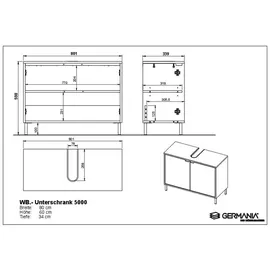 Tchibo Germania Waschbeckenunterschrank Gw-Topeka, in Weiß/Eiche, mit Siphonaussparung, 80 x 60 x 34 cm, (BxHxT)