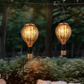 GLOBO 2er Set LED Solarleuchte Heißluftballon Feuereffekt Außenleuchte Hängelampe Terrassenleuchte, Dekorstanzugen, braun