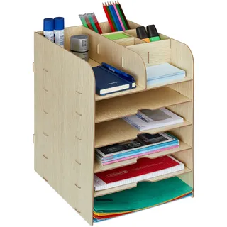 Relaxdays Schreibtisch Organizer mit Dokumentenablage, 12 Fächer, HBT: 34,5 x 25 x 32 cm, Büroorganizer MDF, hellbraun