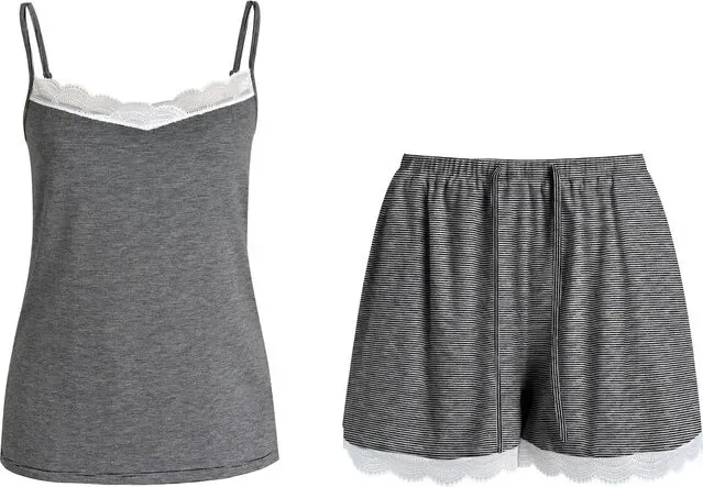 IZURIA Spitzen-Camisole mit V-Ausschnitt und breiter Spitze, schwarz, aus Strick, und Strick-Shorts, Set, Größe M, weiß
