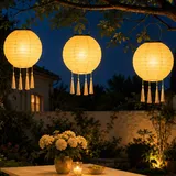 Solar Lampions Außen Wetterfest,3 Stück 20cm Lampions Solar Outdoor mit 4 Quaste,Solar LED Laterne Nylon,Solarlampions für Außen Wetterfest Hängende Gartenlaterne für Garten Terrasse Hof usw