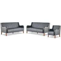 JVmoebel Polstergarnitur Schwarzes Leder Sofa mit Sessel und Holz Couchtisch, (Sofa-Set 3tlg (2x 3-Sitzer + Sessel), Made in Europa schwarz