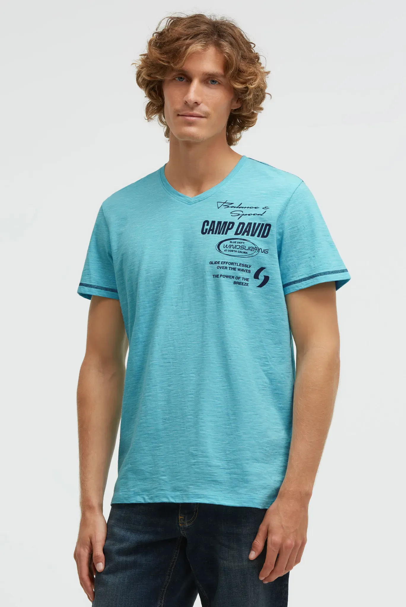 V-Shirt CAMP DAVID, Jungen, Gr. 3XL, blau (aqua), Web, Material: 100% Baumwolle, bedruckt, regular fit normal, V-Ausschnitt, eingesetzt gerader Abschluss, Shirts, mit maskulinem V-Ausschnitt
