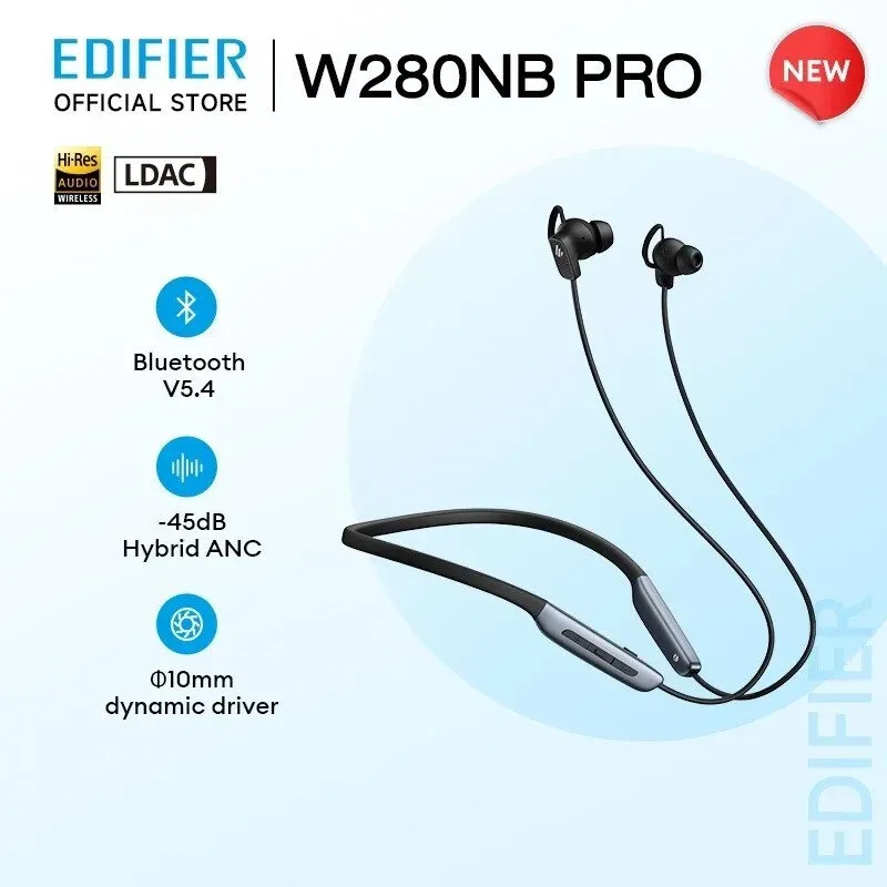 EDIFIER W280NB Pro Neckband-Kabellose Kopfhörer – Aktive Geräuschunterdrückung, IP55 wasserdicht, 23 Stunden Wiedergabezeit, Hi-Res Audio mit LDAC, Bluetooth 5.4 kabellose Ohrhörer – Schwarz