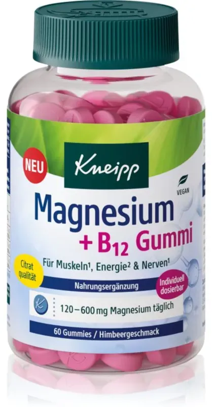 Kneipp Magnesium + B12 Gummi Geleebonbons zur Reduzierung von Müdigkeit und Erschöpfung, für gesunde Zähne, Knochen und Muskeln Geschmack Raspberry 60 St.