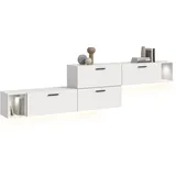 xonox.home – Wohnkombination inkl. Beleuchtung The One 276x97x34 cm in Weiß – Breite Wand mit 4 Klappen & LED-Licht – 10 Fächer bieten Stauraum & setzen Ihre Dekorationen perfekt in Szene