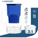 Wessper Wasserfilterkanne aus Glas 3 L Kompatibel mit Brita-Wasserfilterkartuschen, Inklusive 4 Wasserfilter-Kartusche, Blau - Blau