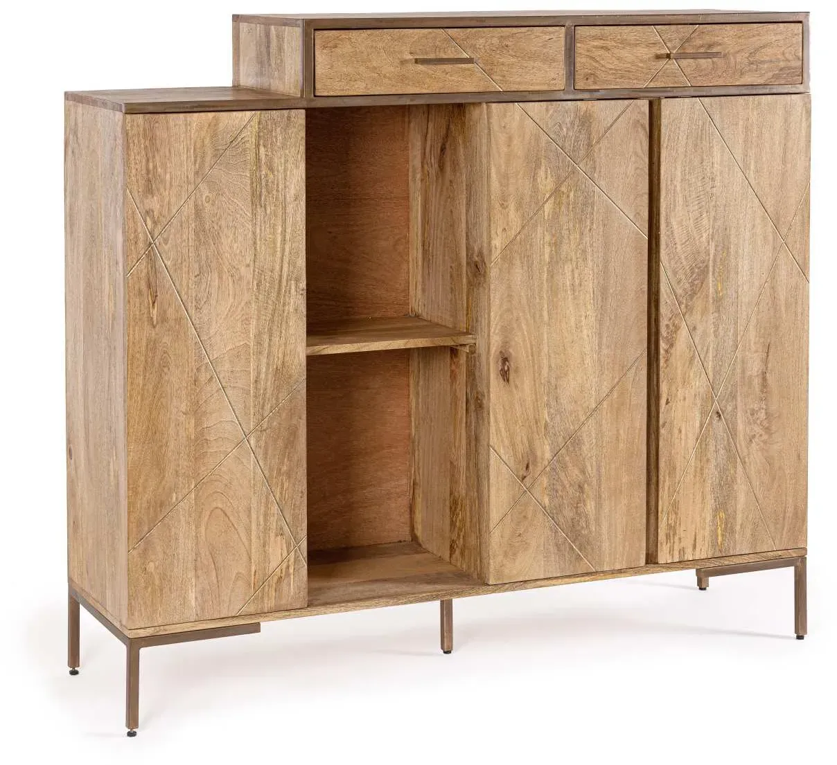 Highboard Jaidev aus Mangoholz, modernes Design, natur, goldene Metallbeine, 145 cm breit