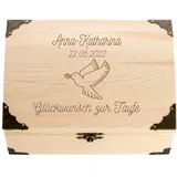 4youDesign Schatztruhe zur Taufe mit persönlicher Gravur – Motive Taube – personalisiertes Geldgeschenk mit Name & Datum – Erinnerungsbox (Taube)