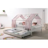 TICAA TiCAA Kinderbett Hausbett mit Tüll Kim 90x200 cm, 100x200 cm, 120x200 cm, 140x200 cm für Jungen & Mädchen, inkl. Rolllattenrost, Schubkasten und Rausfallschutz variabel, Montessori Bett aus Kiefer Massivholz