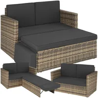 tectake Sofa Set - 2 Sitzer Sessel mit Hocker und Schlaffunktion, kleine Rattan Couch als Outdoor Gartenmöbel, wetterfest für Lounge, Balkon und Garten, klappbar mit Polstern