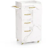 Barberpub Friseurwagen Mit 3 Schubladen & 2 Schränken, Beauty Salon Trolley Mit 3 Föhnhaltern, Rollwagen Servierwagen Friseur Arbeitswagen, 0065 (weiß-gold)