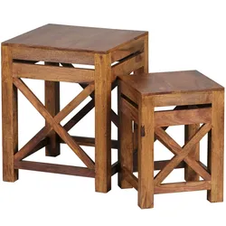 KADIMA DESIGN 2er Set Beistelltisch PALI Massiv-Holz Sheesham Wohnzimmer-Tisch Design dunkel-braun Landhaus-Stil