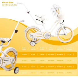 SUN BABY Mädchenfahrrad 16 Zoll Glocke Zusatzräder Schubstange Heart Bike Weiß Gold