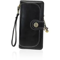 AfitLulu Geldbörse Damen Groß Geldbeutel Damen mit Abnehmbarem Armband und Retro Metall Anhänger, Portemonnaie Damen Leder Portmonee Damen Stilvoll mit Multikartenfach und ID-Fenster (Schwarz)