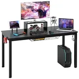 Costway 140cm PC-Tisch mit Getränkehalter, Groß Gamer Schreibtisch, Gaming Tisch mit Monitorablage, Kopfhörerhaken, Aufbewahrungskorb, Medienablage, verstellbare Fußpolster